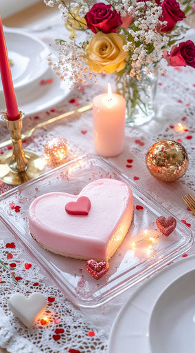 A Valentine's Day table setting with heart-shaped cake, flowers, and candles
