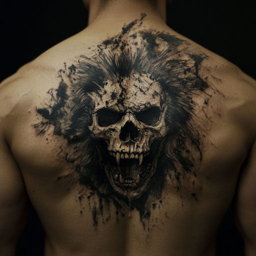 Skull tattoos for men with a skull fused with a roaring lion’s face, in the style of J.P. Targete