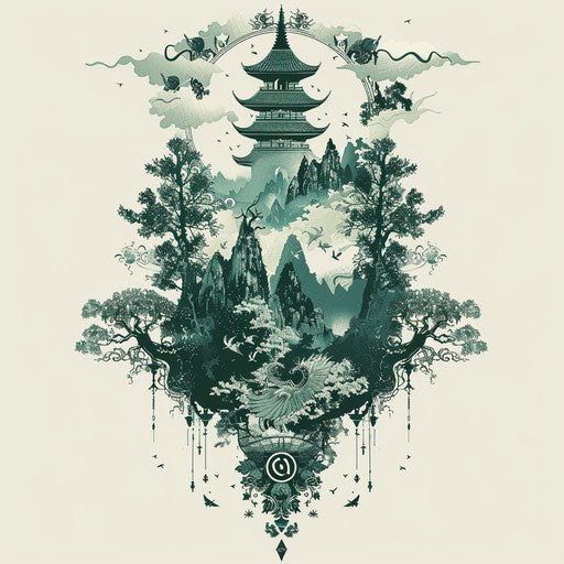 Flat clipart style tattoo sketch for a Sak Yant of mystical forest scene in emerald green tones