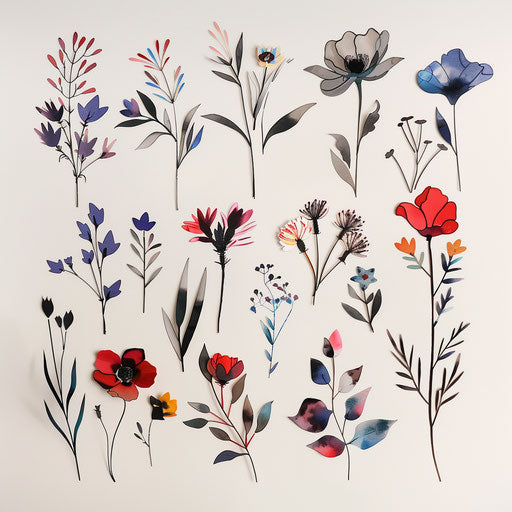 Bold, graphic wildflower tattoos on white background