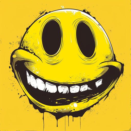Smiling yellow emoticon face, bold manga lines