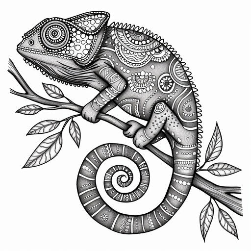 Chameleon with intricate designs, coloring book page