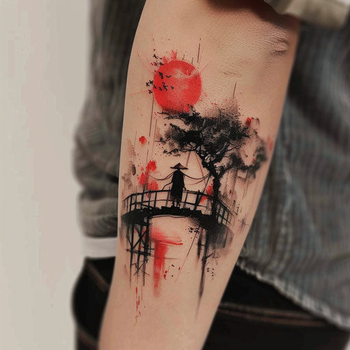 Elegant flat tattoo sketch with watercolor effects of a shinigami crossing a misty bridge