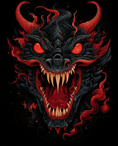 Red dragon on black background, sketchy caricatures in tooth Wu style, multilayered realism