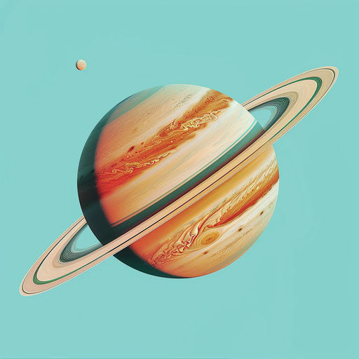 Realistic Saturn clipart on turquoise background, bold outlines