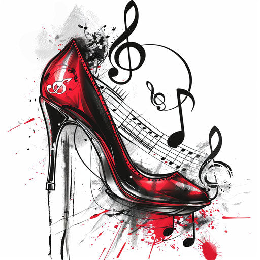 Chic tattoo sketch of a high heel with musical note decorations, black and red, clipart style