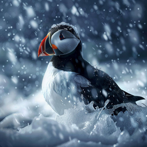 Puffin bird in a snowy and icy environment