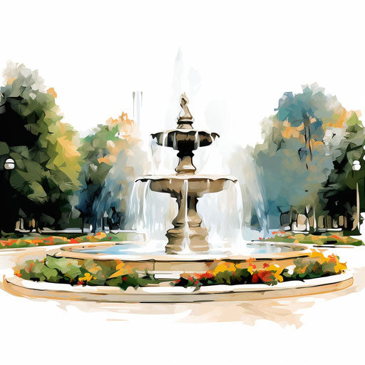 Fountain clipart in the style of Impressionistic Art, on a white background
