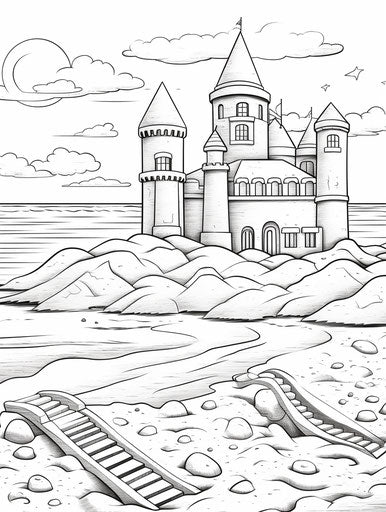 Sandcastle on beach, coloring page for kids