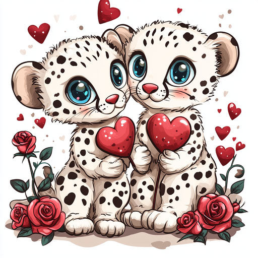 Two baby cheetahs on Valentine's Day, swinging with roses and hearts, cartoon style, transparent PNG