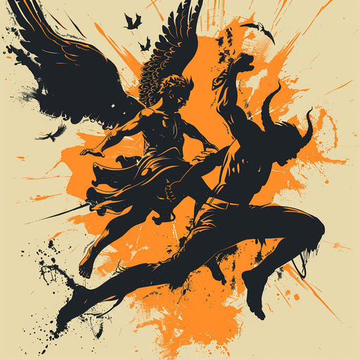 Adventurous flat tattoo sketch of an angel chasing a devil,action-packed, bright orange and black