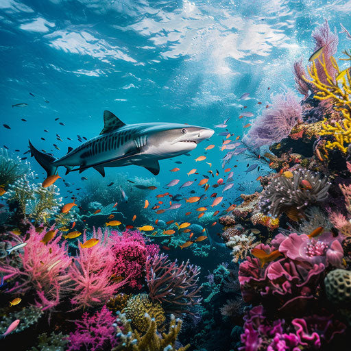 Tiger shark gliding over a colorful coral garden