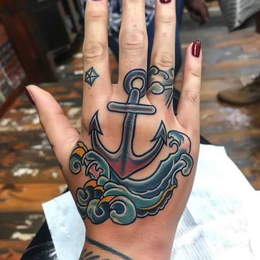 Classic nautical tattoo for women with anchors and waves