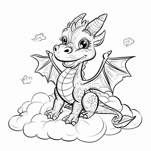 Friendly dragon with small wings sitting on a cloud