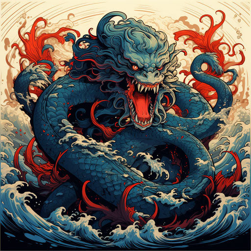 Blue patterned snake on canvas print, natural ocean waves