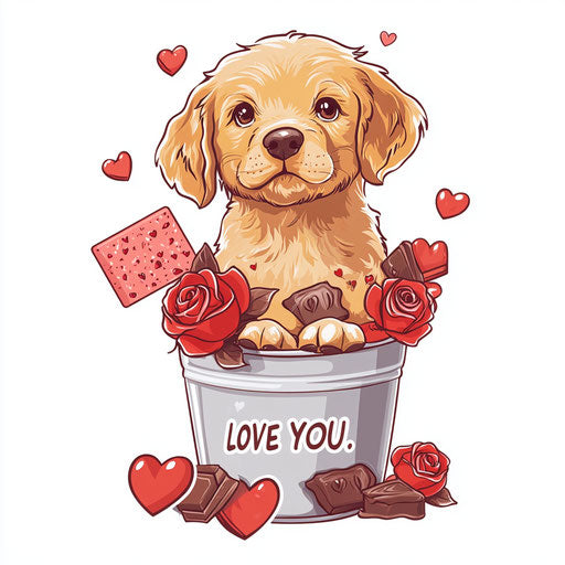 Retriever puppy in bucket with roses, chocolate, heart cards