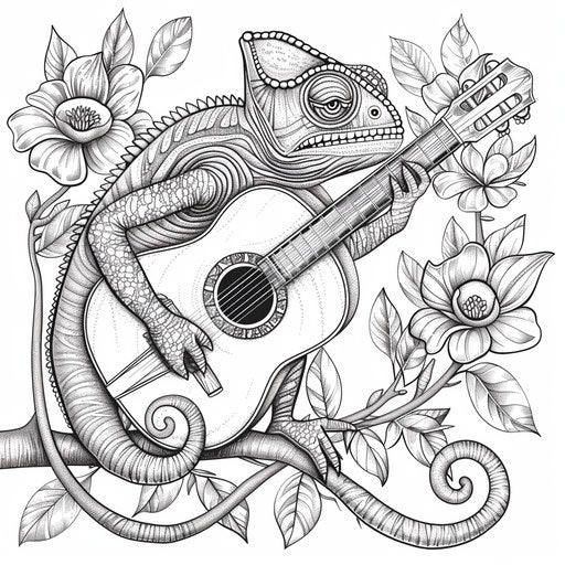 A whimsical chameleon playing a tiny guitar on a branch. Coloring book page