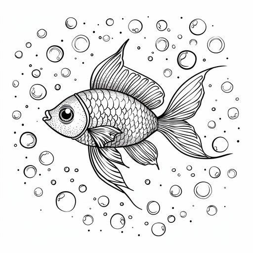 Fish swimming with bubbles. Coloring book page
