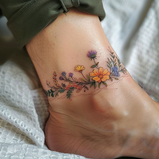 Wildflower ankle bracelet tattoo, soft pastels, delicate design