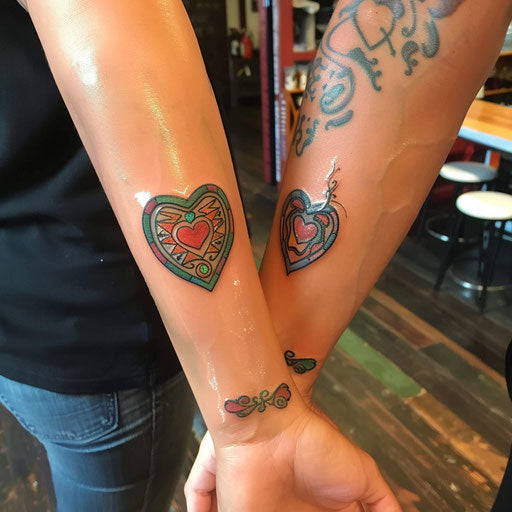 Matching tattoos for friends of a heart, in the style of Ed Hardy
