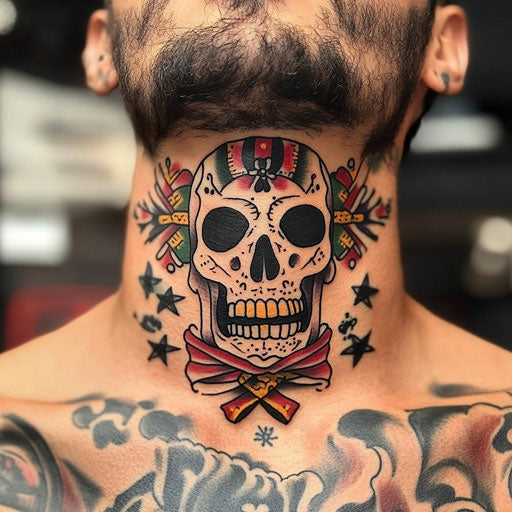 Throat tattoos for men with traditional skull and crossbones