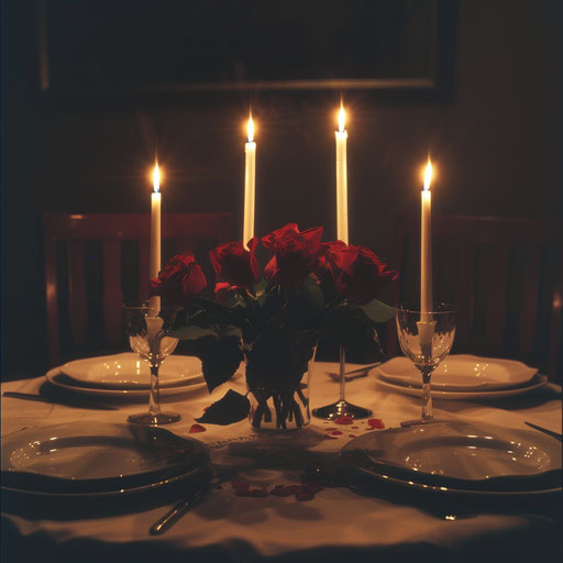 Romantic candlelit dinner with bouquet of red roses
