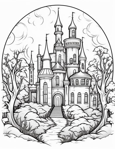 Halloween coloring pages with castle and trees, Kurzgesagt style