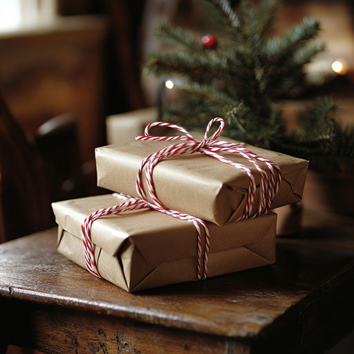 Christmas present wrapped in brown kraft paper