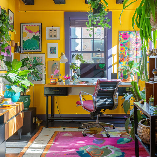 Lively home office with colorful accents, plants, and lighting
