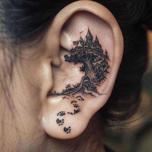 Ear tattoos in the style of Peter Jackson with hobbit footprints