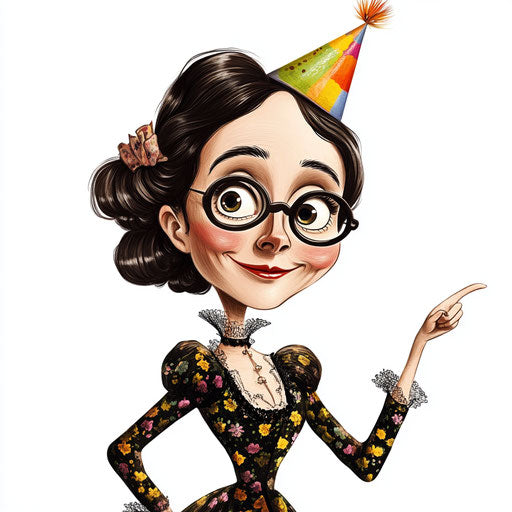 Humorous caricature of an Ada Lovelace caricature clipart with human characteristics, exaggerated bushy eyebrows, thin legs, wearing a party hat, vibrant colors, cartoon style, pointing, high-resolution, no background, isolated