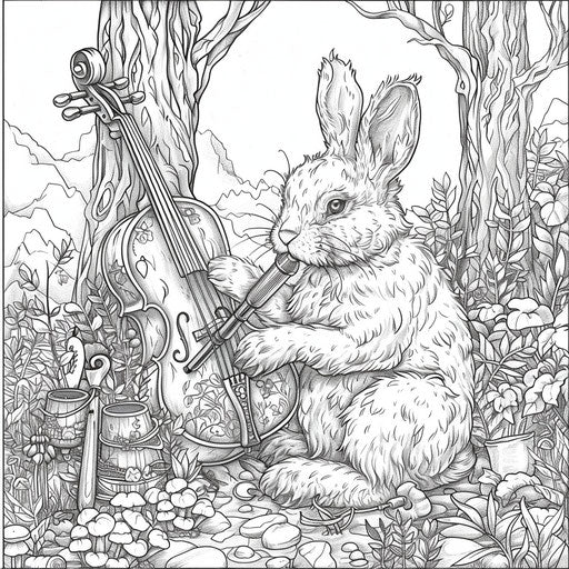 A bunny playing a musical instrument in a woodland scene