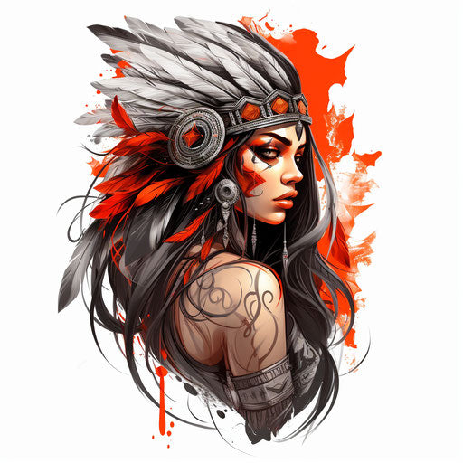 Indian tattoo with girl and feather, digital art wonders style