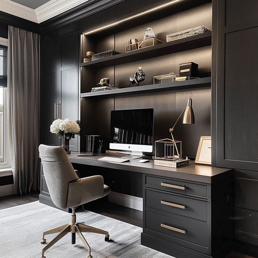 Sleek home office with built-in cabinets