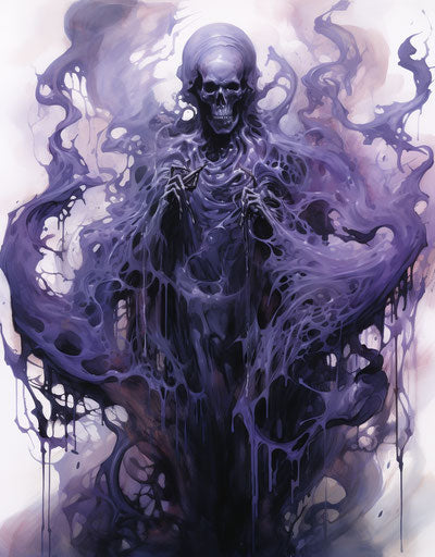 Drawing of ghosts on paper, dark silver and purple style