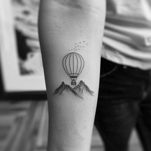 Hot air balloon over mountain range sketch