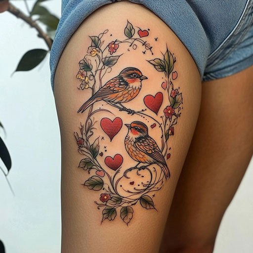 Thigh tattoos for women in Ed Hardy style with sparrows and hearts