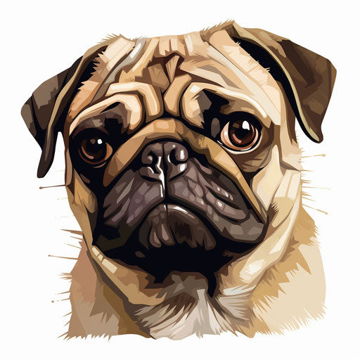The pug dog on a white background, in Shige's visual aesthetic style, avocadopunk, light maroon and dark beige
