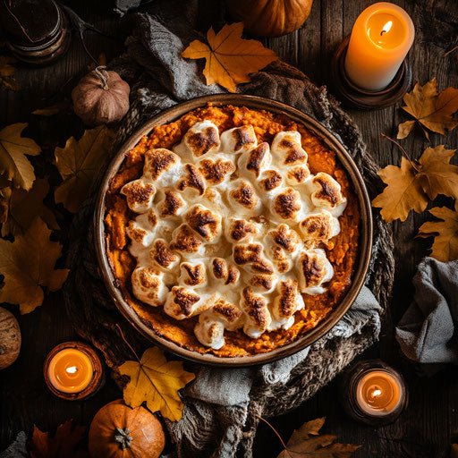 Autumnal sweet potato casserole with marshmallows, rustic