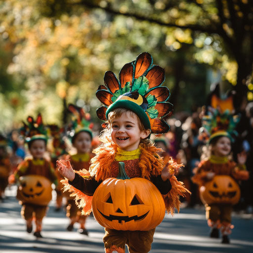 Children dressed as pumpkins and turkeys march in Thanksgiving parade