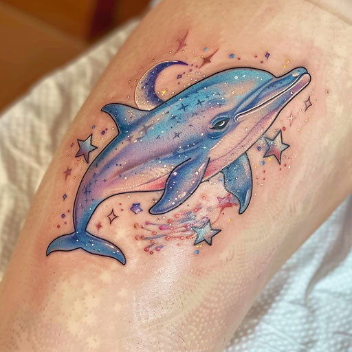 Whimsical dolphin tattoo with stars and moons