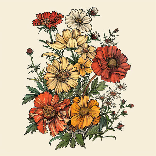 Detailed vintage flat tattoo sketch of October birth flowers, marigolds and cosmos, in classic botanical illustration