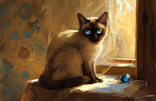 Siamese cat with blue eyes on table, dark and light style