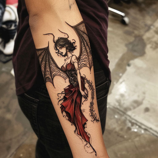 Mental health tattoos in the style of Gerald Brom with dark fairies and hopeful themes