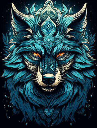 Blue gray wolf head pattern on white wall, black and white illustration style