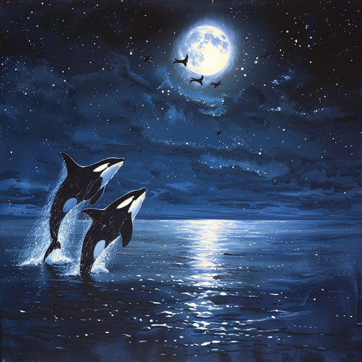 Orcas under the dancing moon