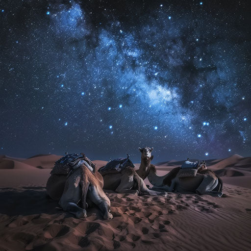 Camels resting under a blanket of stars
