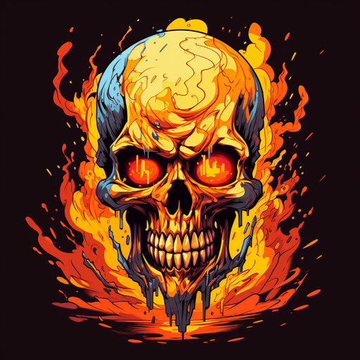 Flaming skull in bold outlines, flat colors, edgy caricatures