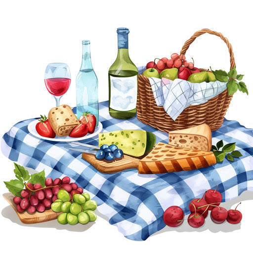 Picnic clipart, photo realistic style, flat white background