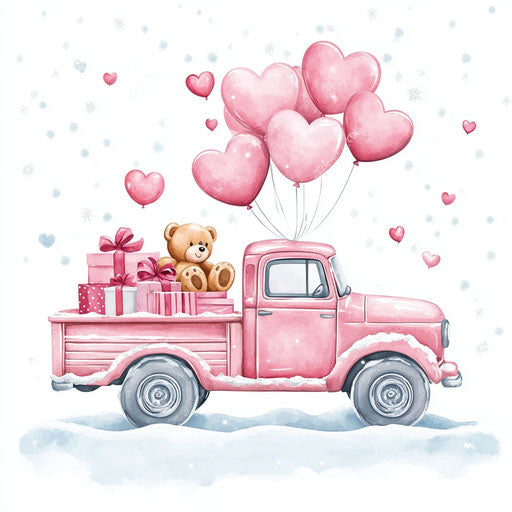 Pink truck full of floating Valentine's gifts